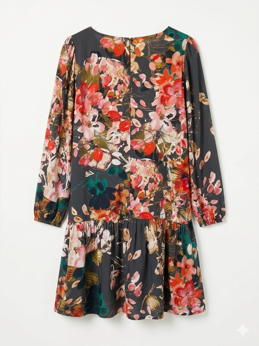 Anthropologie Dark Charcoal Floral Tiered Long-Sleeve Dress with side pockets - Picture 2 of 6